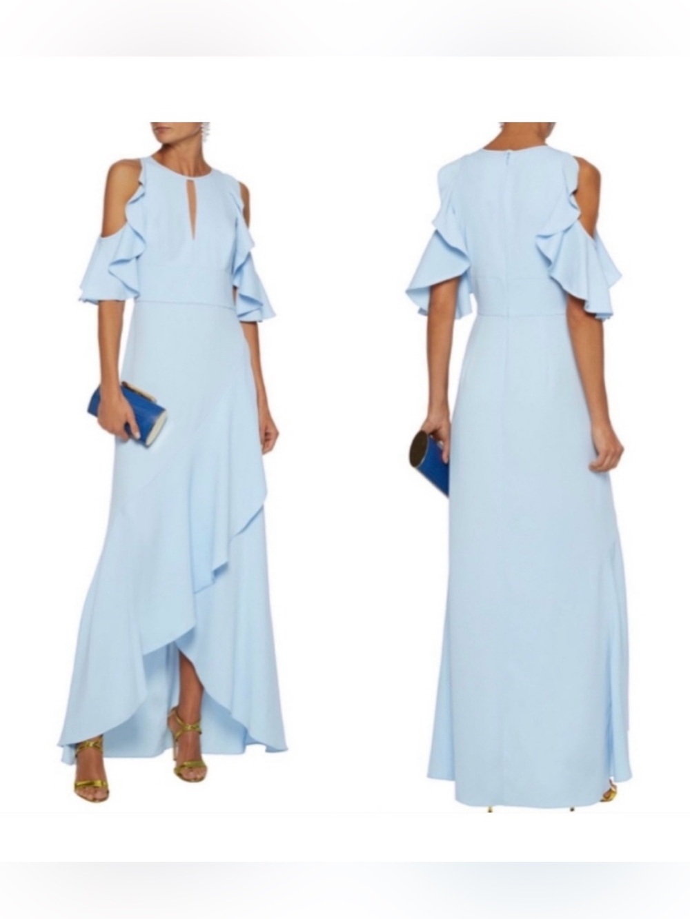 Monique Lhuillier Powder Blue Cold-Shoulder Ruffle High-Low Gown